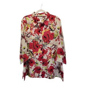 CHICO's 100% Linen Multicolor Floral Print Button Down 3/4 Sleeve Shirt Size 3